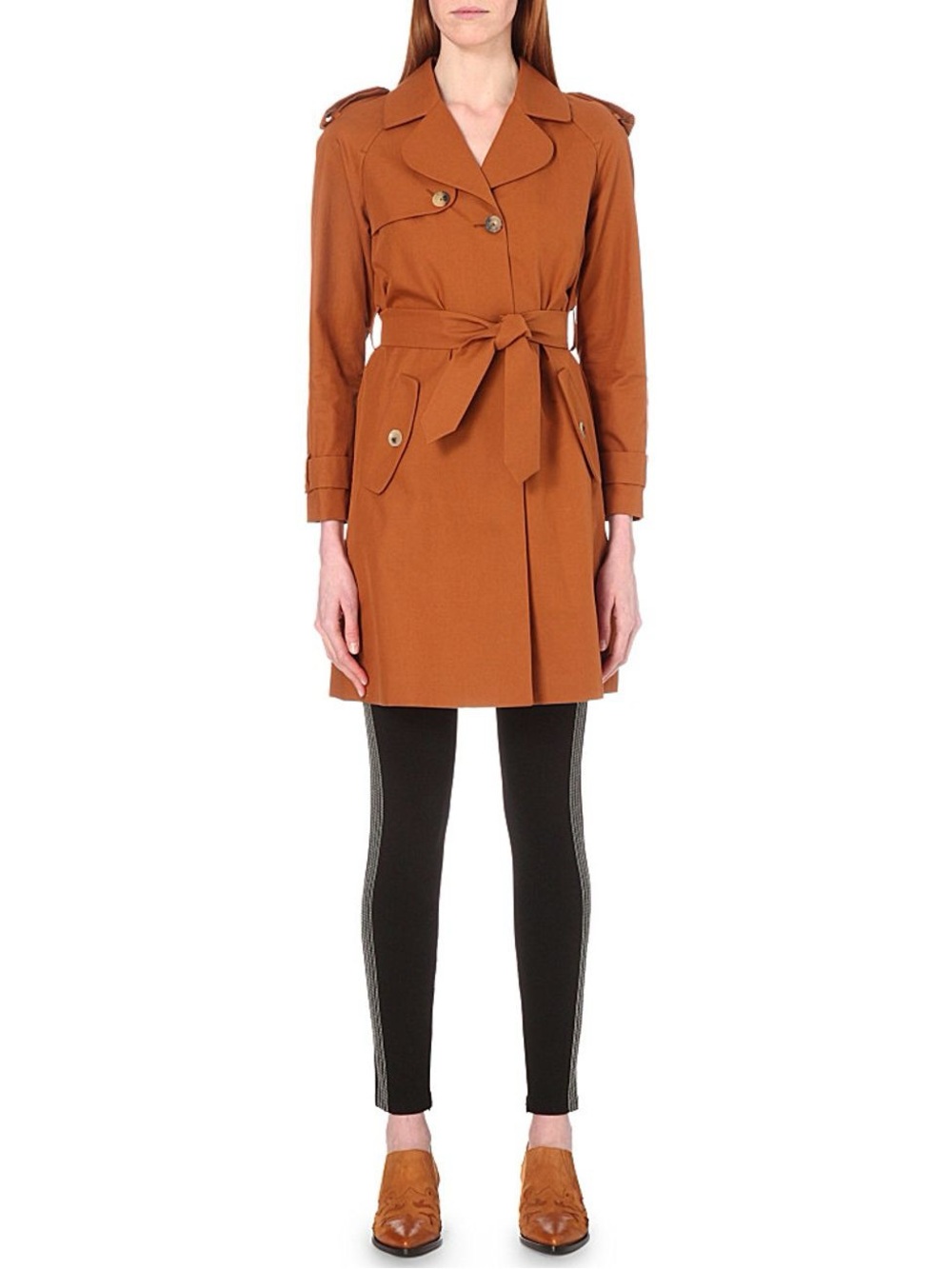 Sandro Malory Mid-Length Trench Coat - Camel Ochre Brown Belted Jacket Size 38